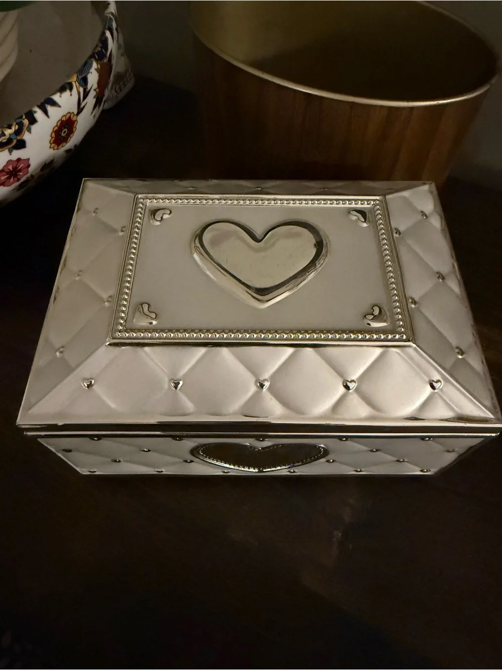 Lenox White Quilted Jewelry Box with Silver Heart Accents